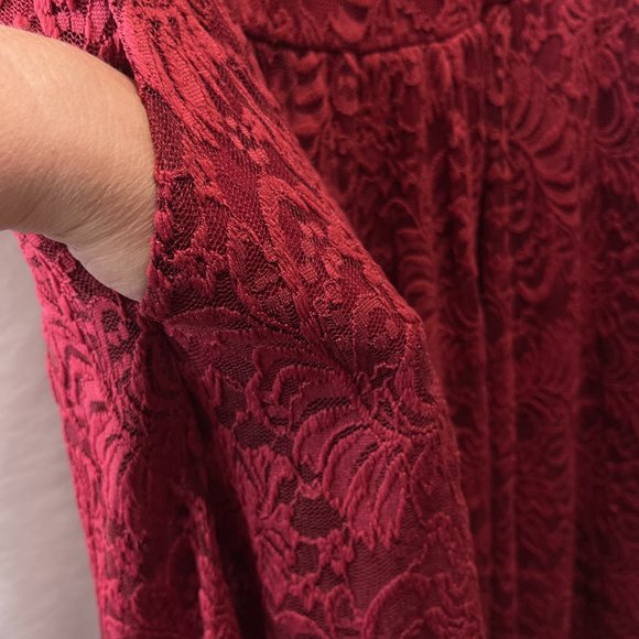 Torrid Mini Lace Ruffle Dress With Pockets color: Burgundy - Picture 8 of 8
